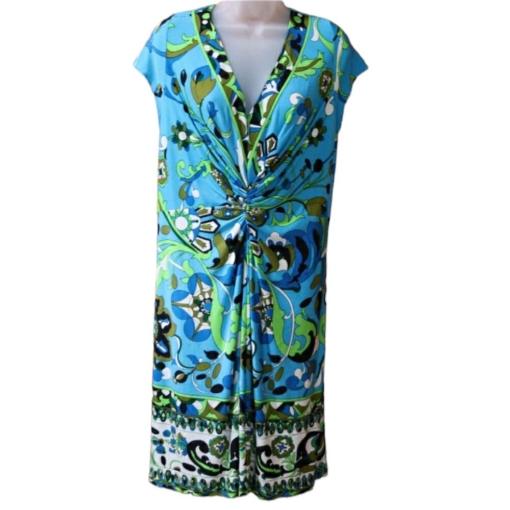 Muse Boston Proper Groovy Floral Rouched Midi Dress 90s Y2K Blue Green Size 12
